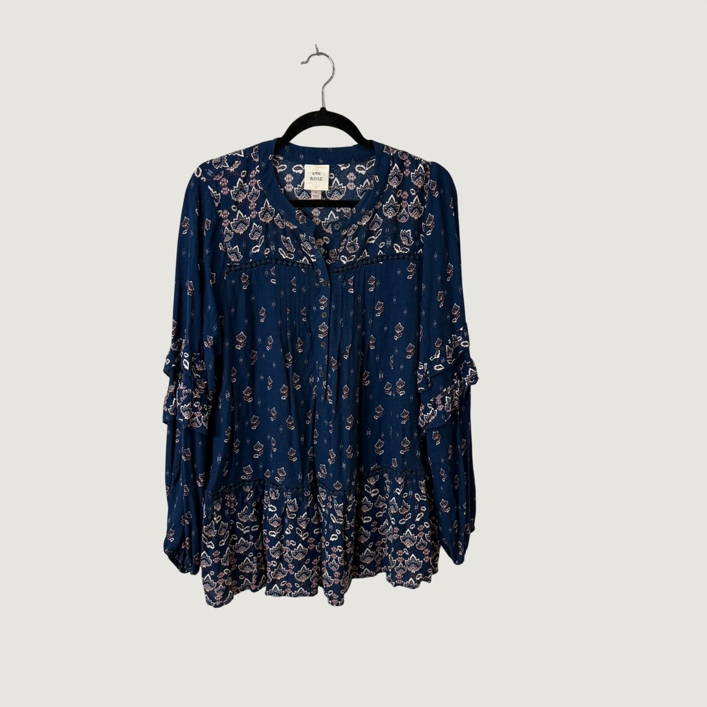 Knox Rose Navy Blue Floral Paisley Tunic Top Sz Large Fall Boho Romantic Cottage